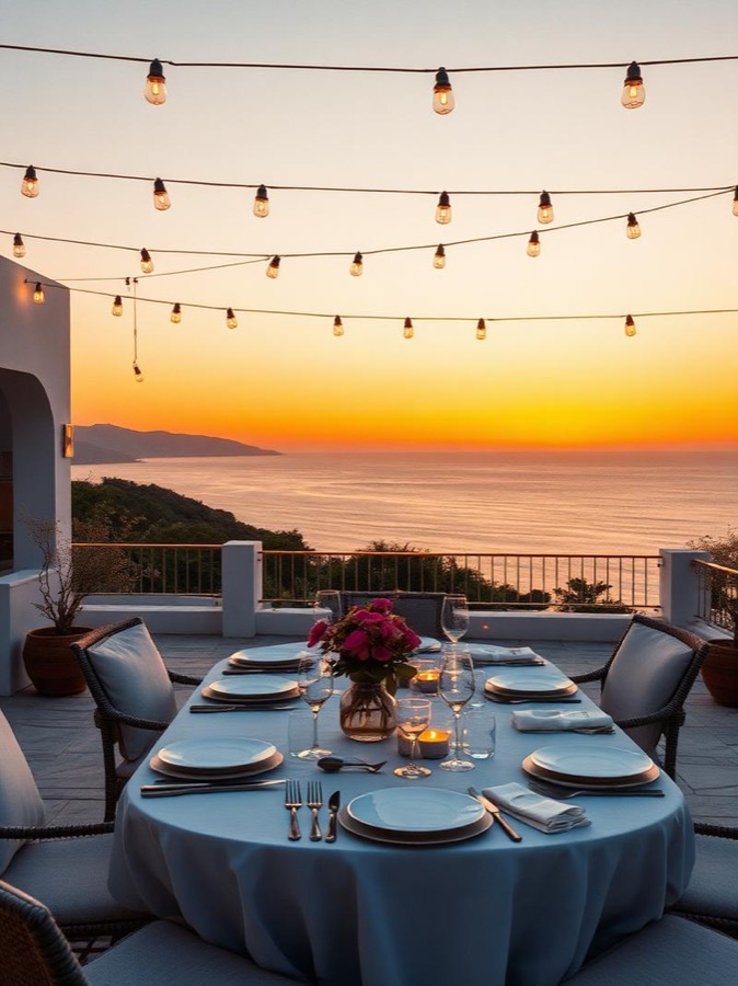 Dinner table on a terrace overlooking the sea at sunset